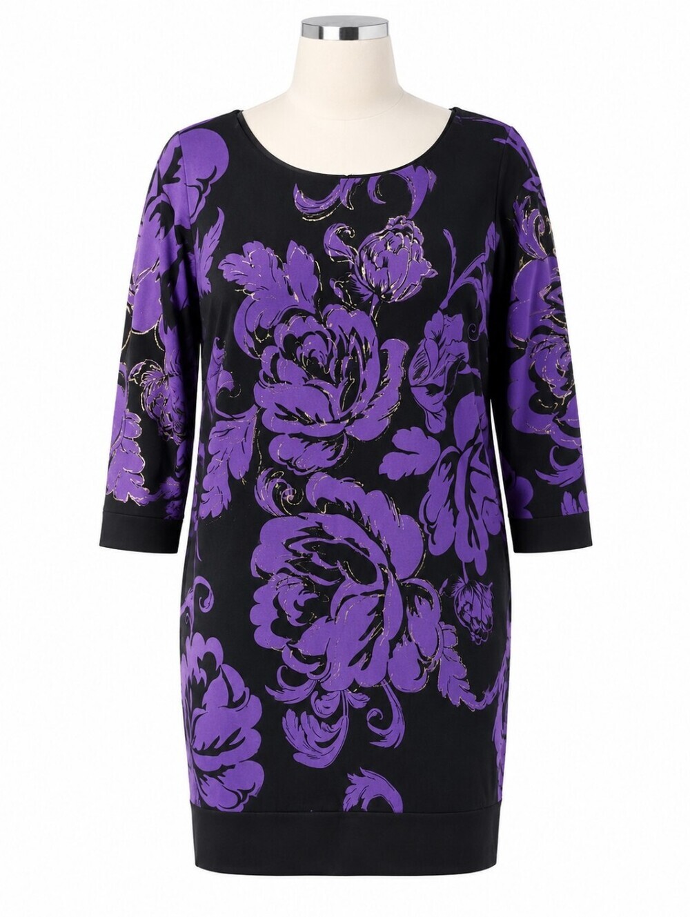 Cache Slinky Black & Purple Floral Sheath Dress Sz 6 Silk Contrast Accents Y2K